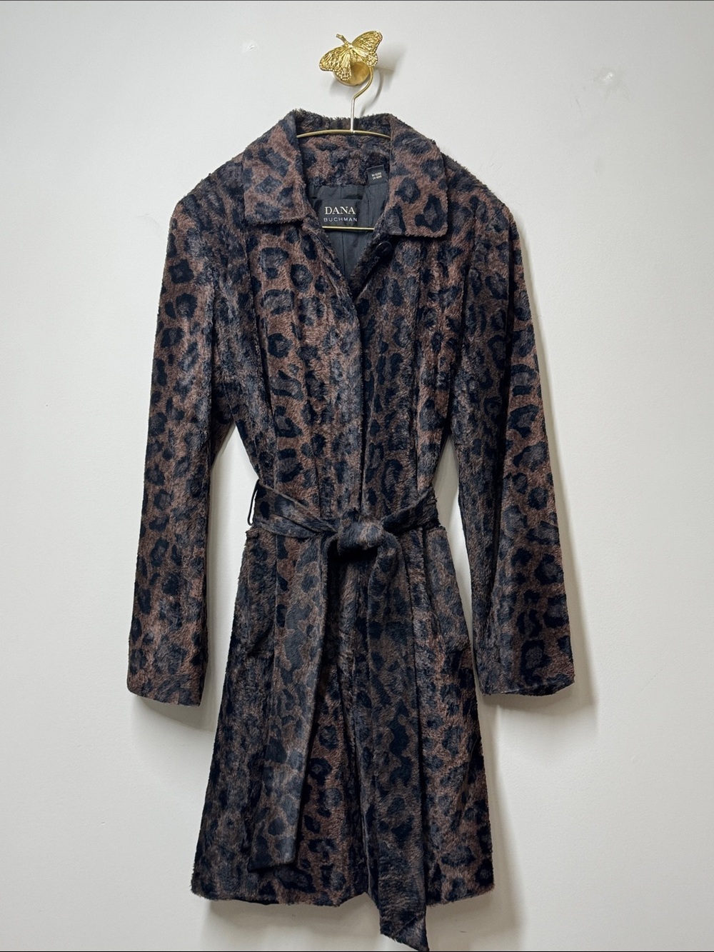 DANA BUCHMAN Vintage Dark Leopard Print Faux Fur Single Breasted Wrap Coat